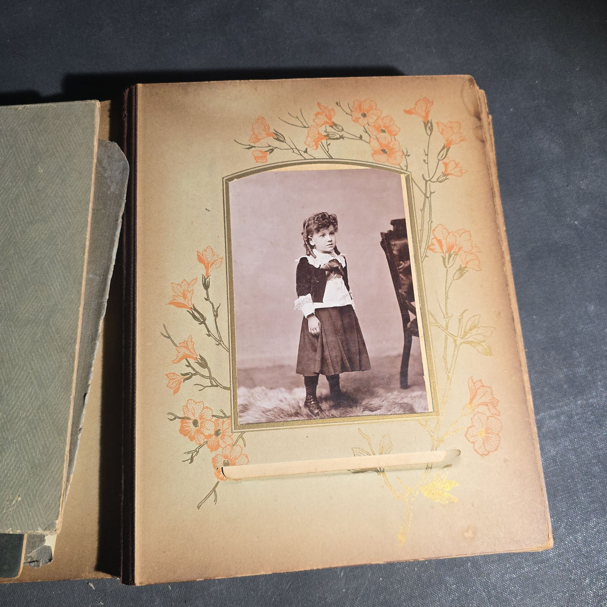 Antique Victorian Celluloid Cover Photo Album with Woman Holding Fan on Cover, Containing Cabinet Card Photographs, C.D.V.s, and Snapshot Photographs
