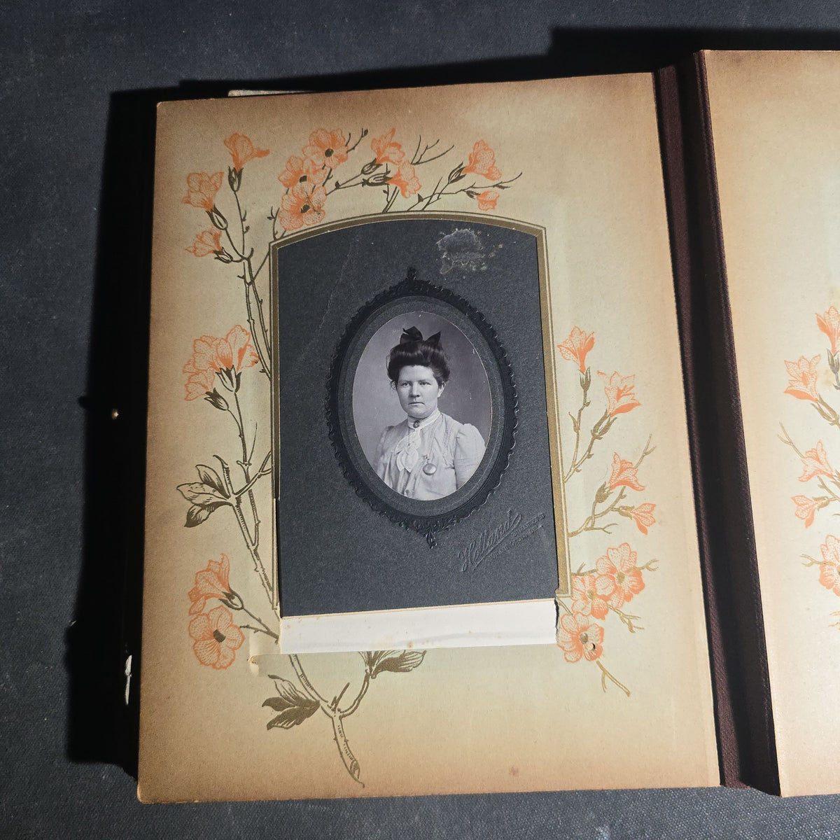 Antique Victorian Celluloid Cover Photo Album with Woman Holding Fan on Cover, Containing Cabinet Card Photographs, C.D.V.s, and Snapshot Photographs