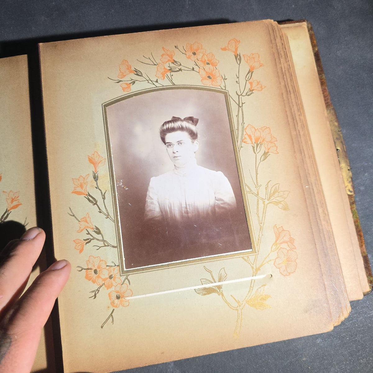 Antique Victorian Celluloid Cover Photo Album with Woman Holding Fan on Cover, Containing Cabinet Card Photographs, C.D.V.s, and Snapshot Photographs