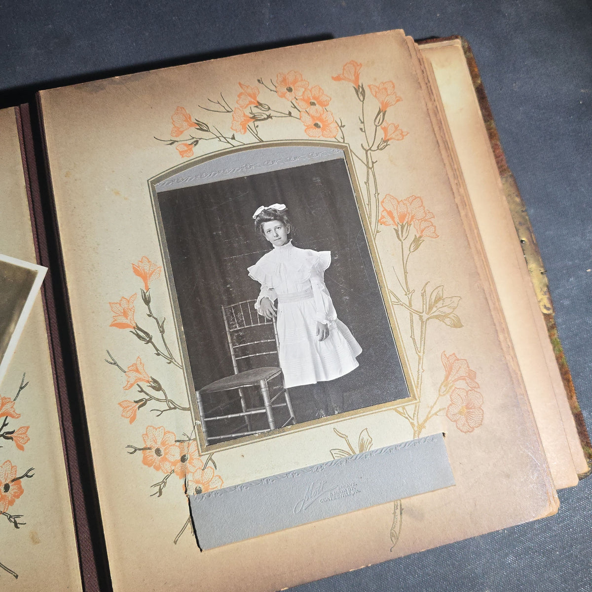Antique Victorian Celluloid Cover Photo Album with Woman Holding Fan on Cover, Containing Cabinet Card Photographs, C.D.V.s, and Snapshot Photographs