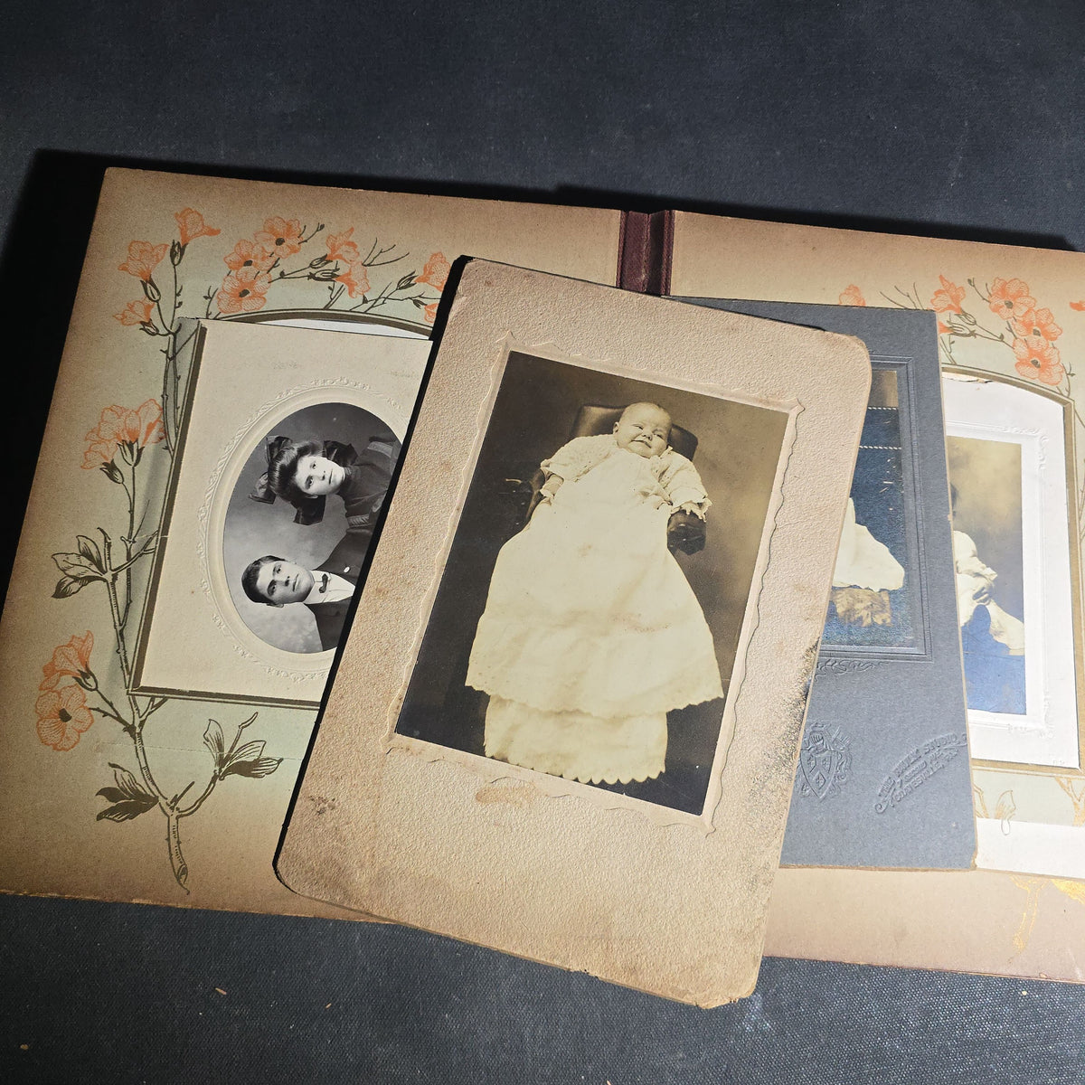Antique Victorian Celluloid Cover Photo Album with Woman Holding Fan on Cover, Containing Cabinet Card Photographs, C.D.V.s, and Snapshot Photographs