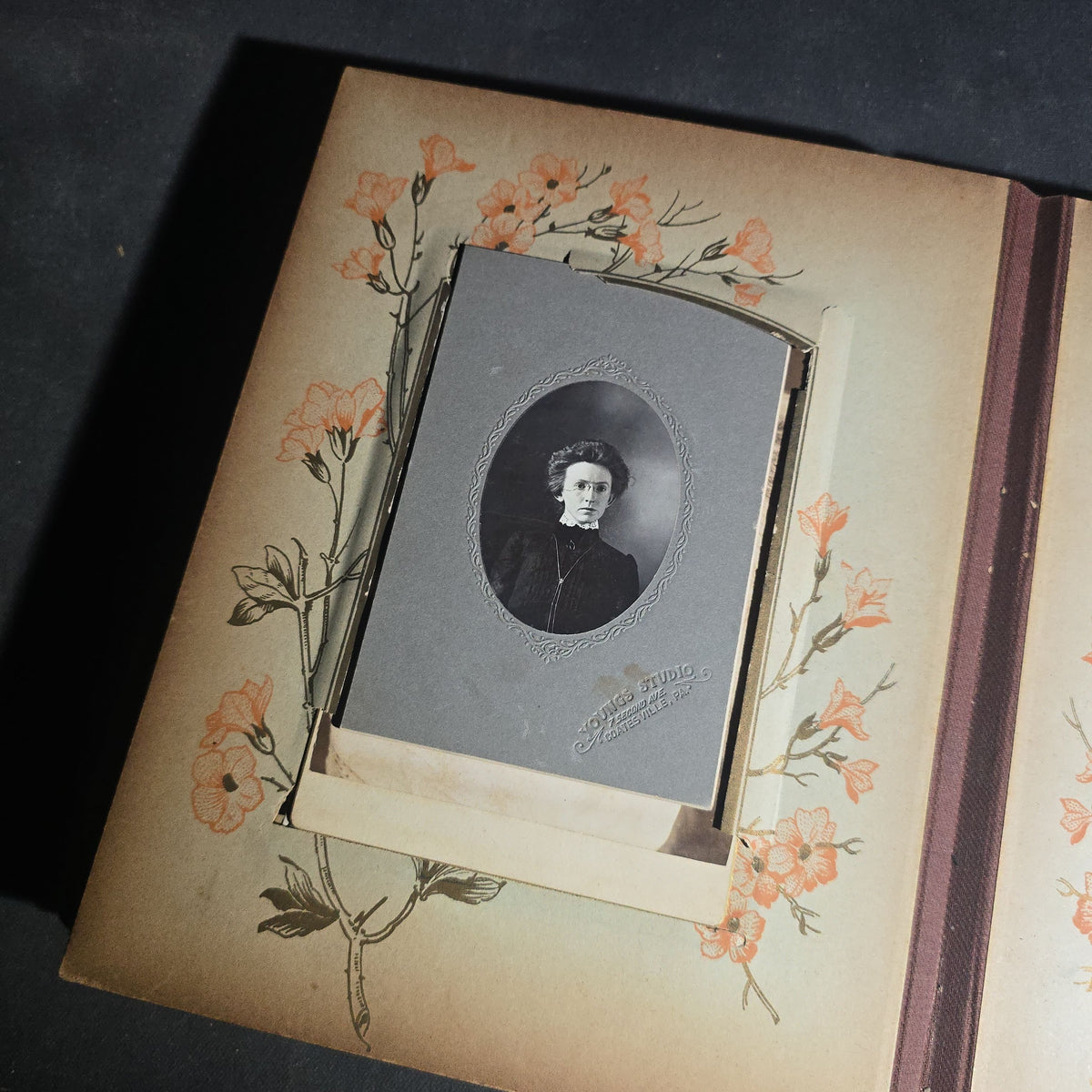 Antique Victorian Celluloid Cover Photo Album with Woman Holding Fan on Cover, Containing Cabinet Card Photographs, C.D.V.s, and Snapshot Photographs