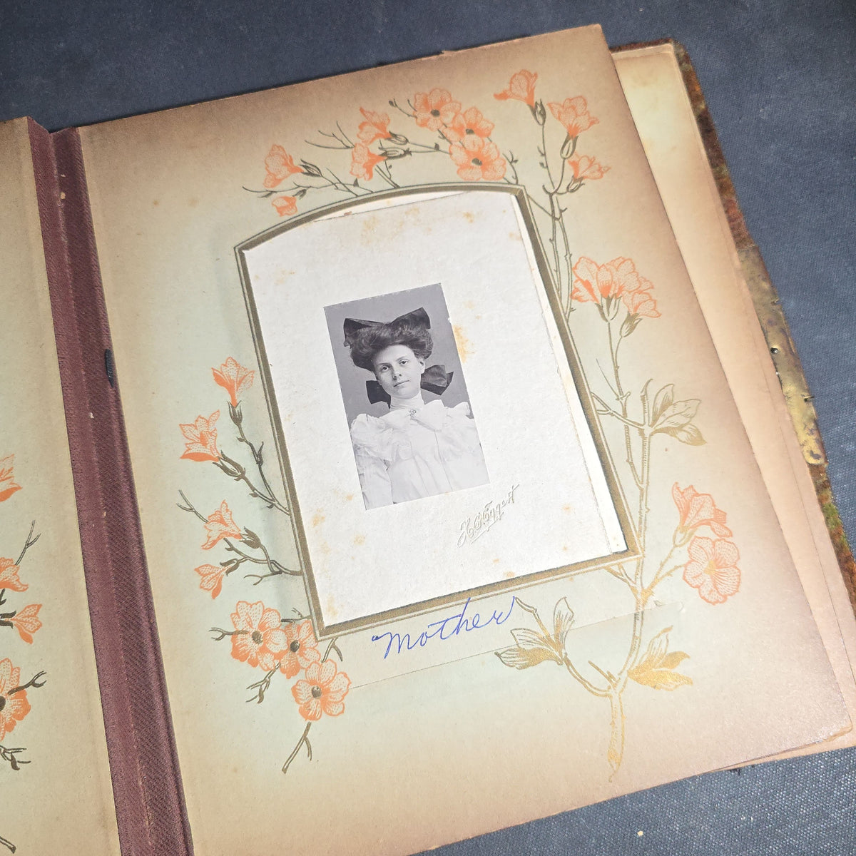 Antique Victorian Celluloid Cover Photo Album with Woman Holding Fan on Cover, Containing Cabinet Card Photographs, C.D.V.s, and Snapshot Photographs