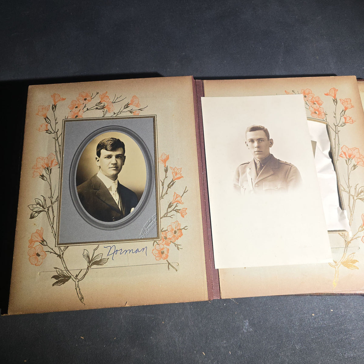 Antique Victorian Celluloid Cover Photo Album with Woman Holding Fan on Cover, Containing Cabinet Card Photographs, C.D.V.s, and Snapshot Photographs