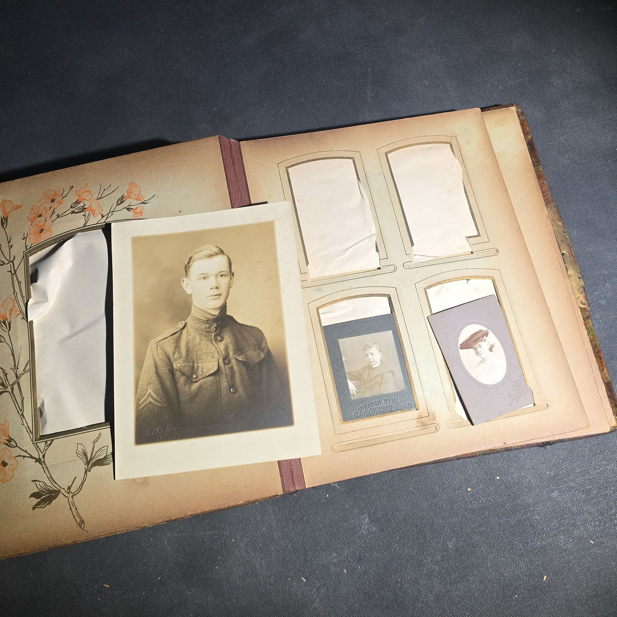 Antique Victorian Celluloid Cover Photo Album with Woman Holding Fan on Cover, Containing Cabinet Card Photographs, C.D.V.s, and Snapshot Photographs
