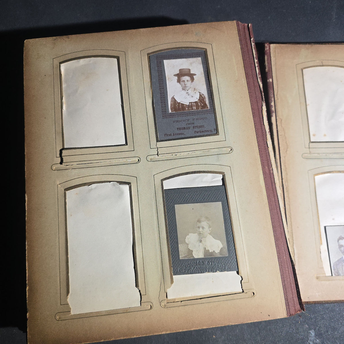 Antique Victorian Celluloid Cover Photo Album with Woman Holding Fan on Cover, Containing Cabinet Card Photographs, C.D.V.s, and Snapshot Photographs