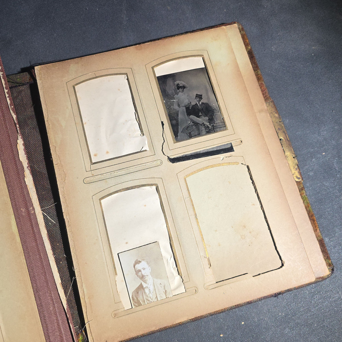Antique Victorian Celluloid Cover Photo Album with Woman Holding Fan on Cover, Containing Cabinet Card Photographs, C.D.V.s, and Snapshot Photographs