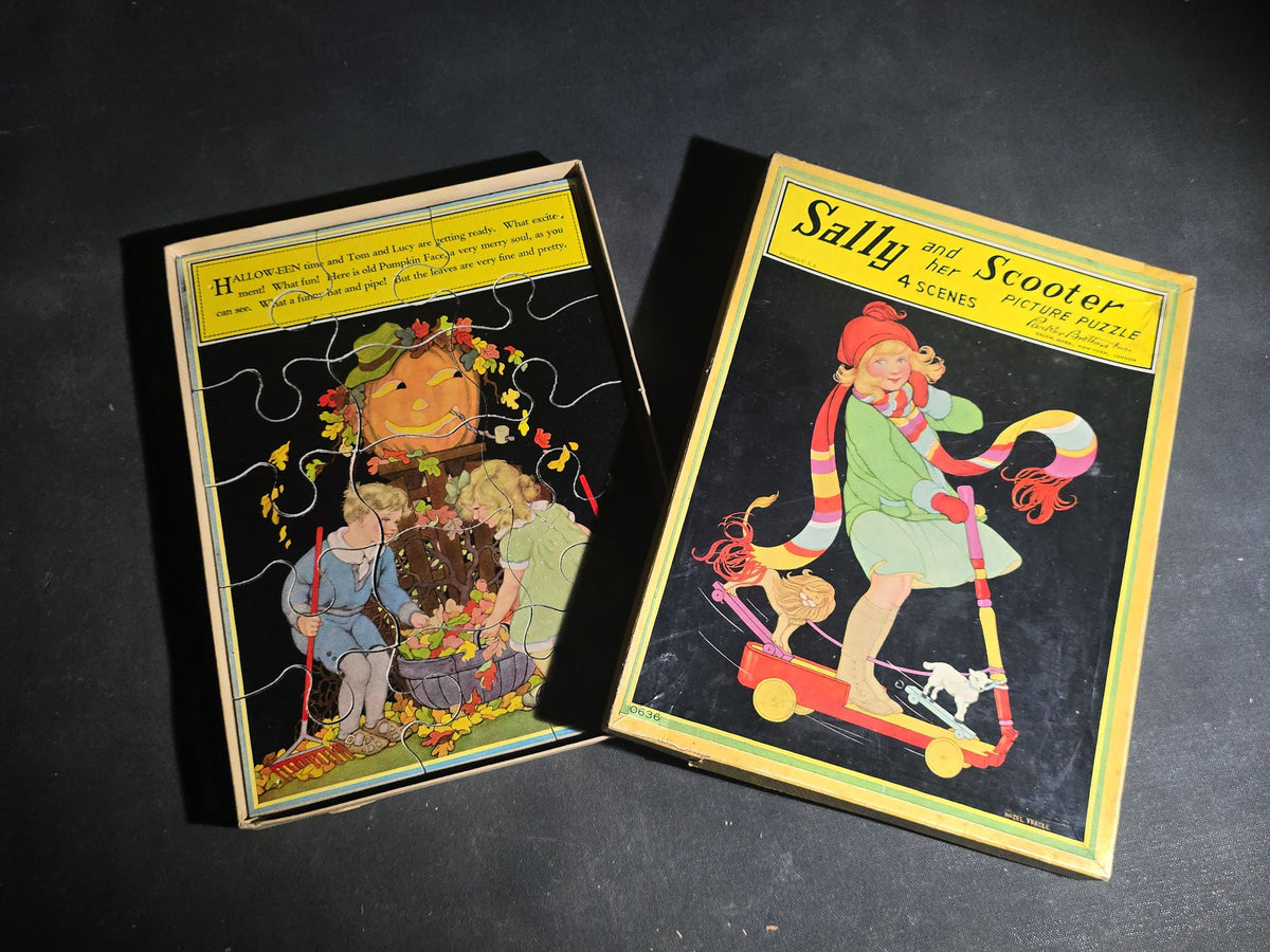Vintage "Sally and Her Scooter" Four-Scene Picture Puzzle with Art by Hazel Frazee including Halloween Jack-O-Lantern Scene, Manufactured by Parker Brothers Inc., Salem, Massachusetts