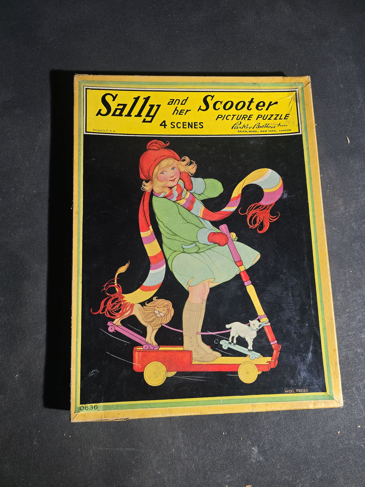 Vintage "Sally and Her Scooter" Four-Scene Picture Puzzle with Art by Hazel Frazee including Halloween Jack-O-Lantern Scene, Manufactured by Parker Brothers Inc., Salem, Massachusetts