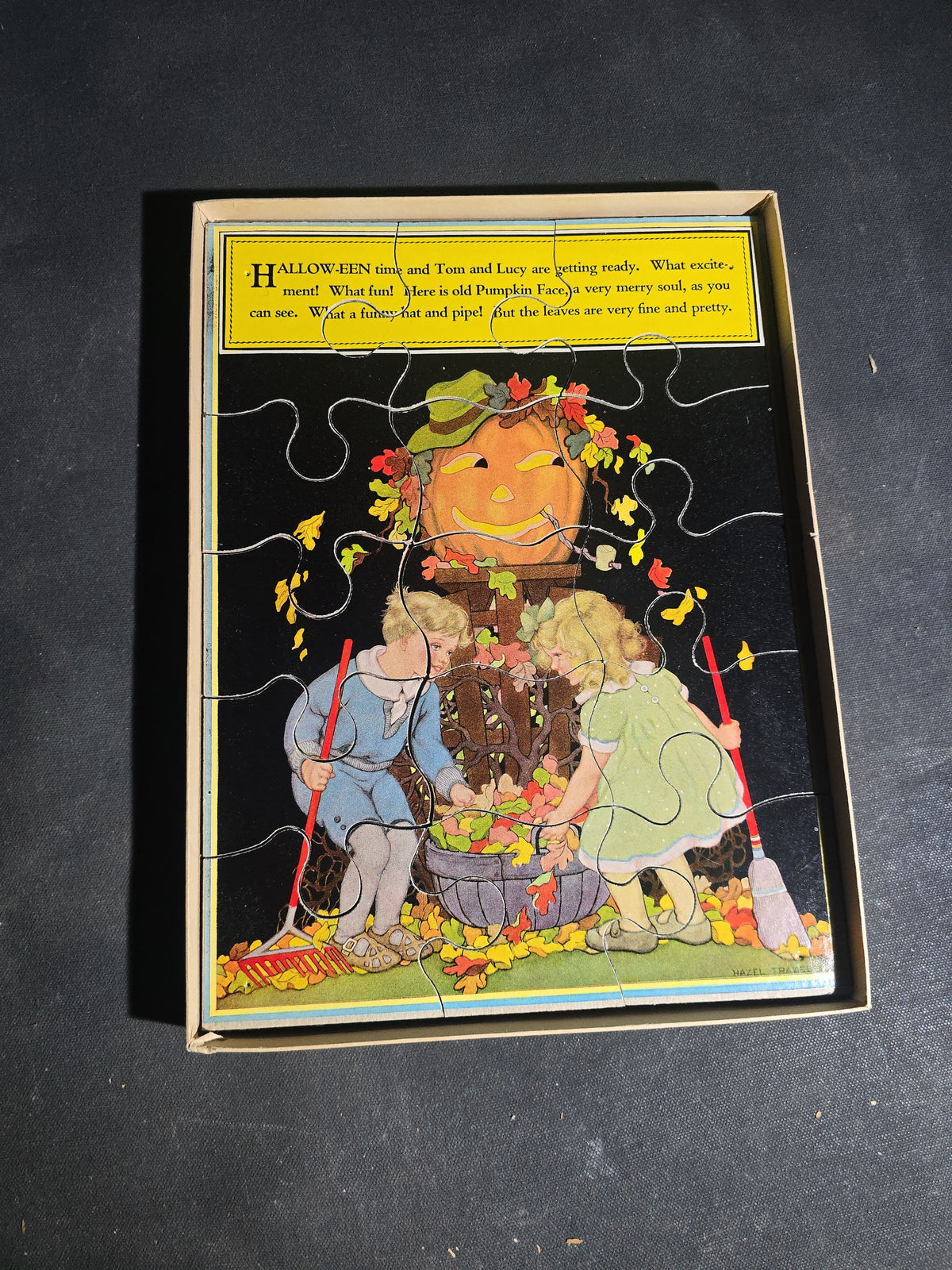 Vintage "Sally and Her Scooter" Four-Scene Picture Puzzle with Art by Hazel Frazee including Halloween Jack-O-Lantern Scene, Manufactured by Parker Brothers Inc., Salem, Massachusetts