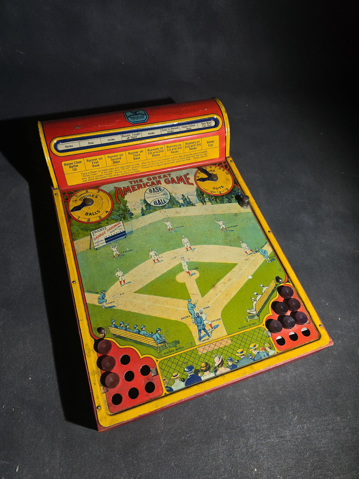 Antique "The Great American Game" Tin Lithograph Baseball Game, Manufactured by Hustler Toy Corporation, Sterling, Illinois