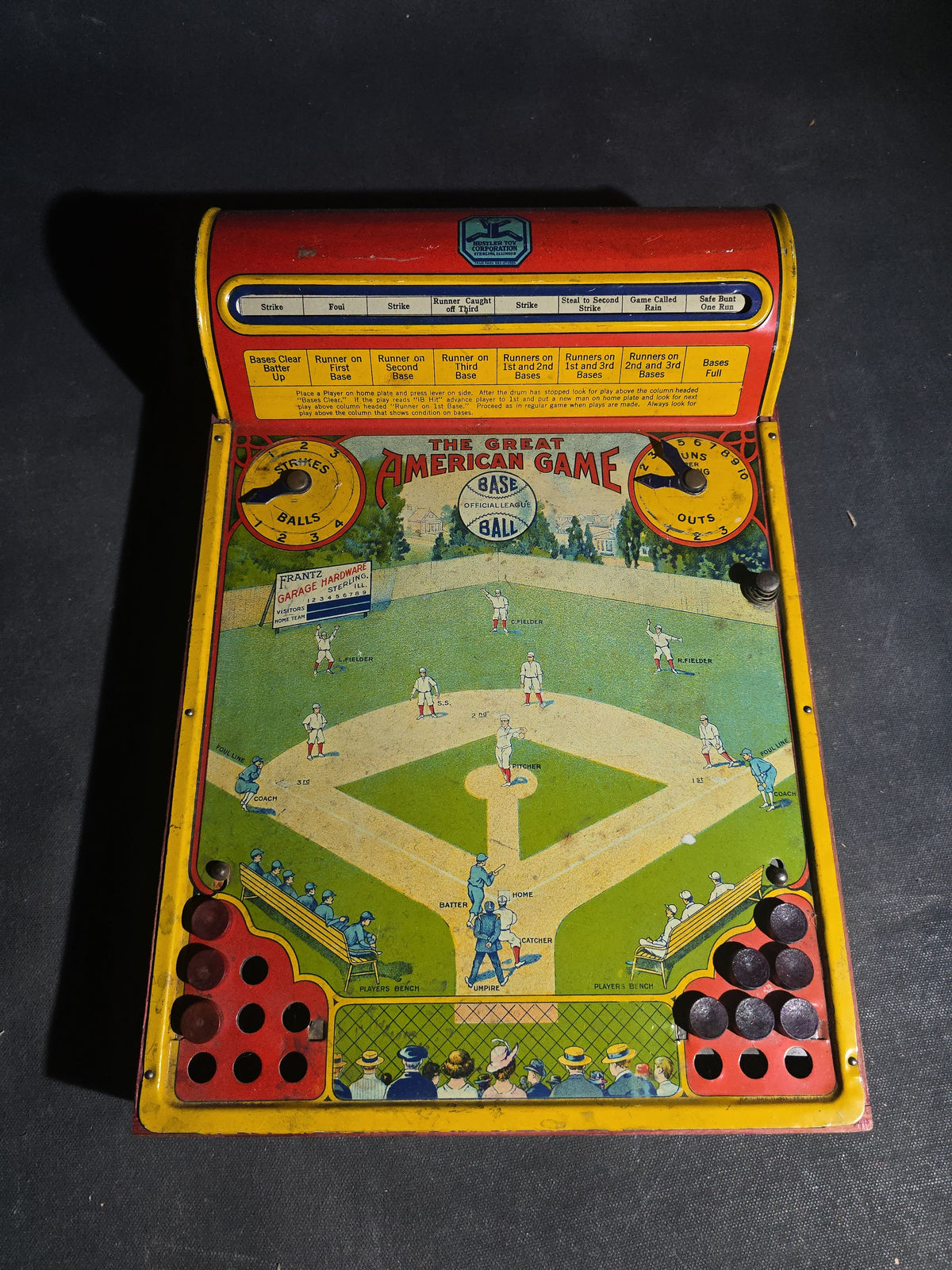 Antique "The Great American Game" Tin Lithograph Baseball Game, Manufactured by Hustler Toy Corporation, Sterling, Illinois
