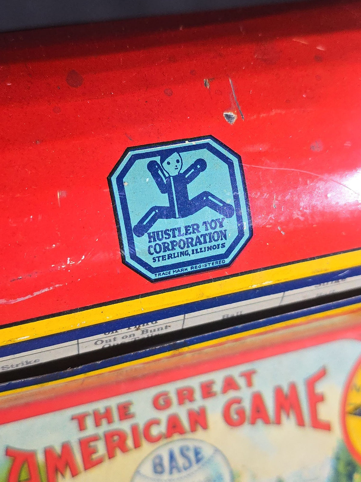 Antique "The Great American Game" Tin Lithograph Baseball Game, Manufactured by Hustler Toy Corporation, Sterling, Illinois