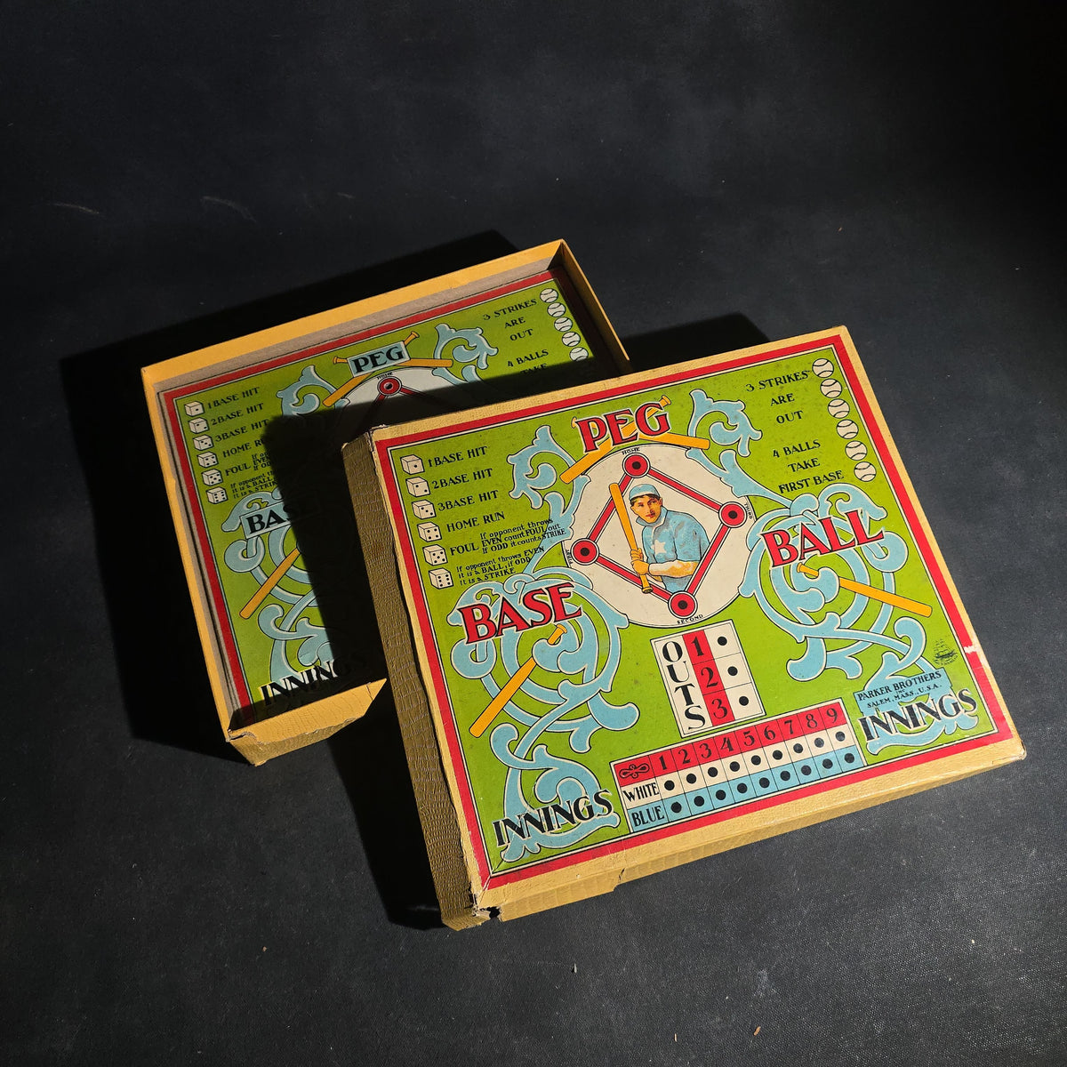 Antique "Peg Base Ball" Board Game, Manufactured by Parker Brothers Inc., Salem, Massachusetts