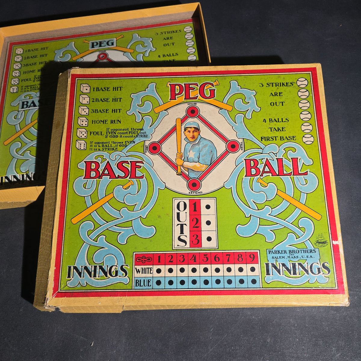 Antique "Peg Base Ball" Board Game, Manufactured by Parker Brothers Inc., Salem, Massachusetts