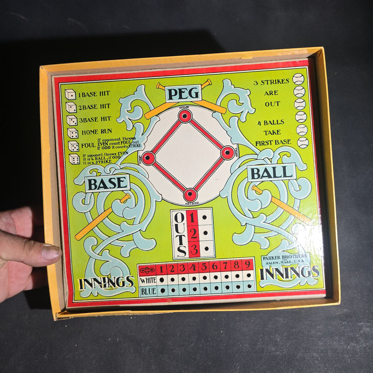 Antique "Peg Base Ball" Board Game, Manufactured by Parker Brothers Inc., Salem, Massachusetts