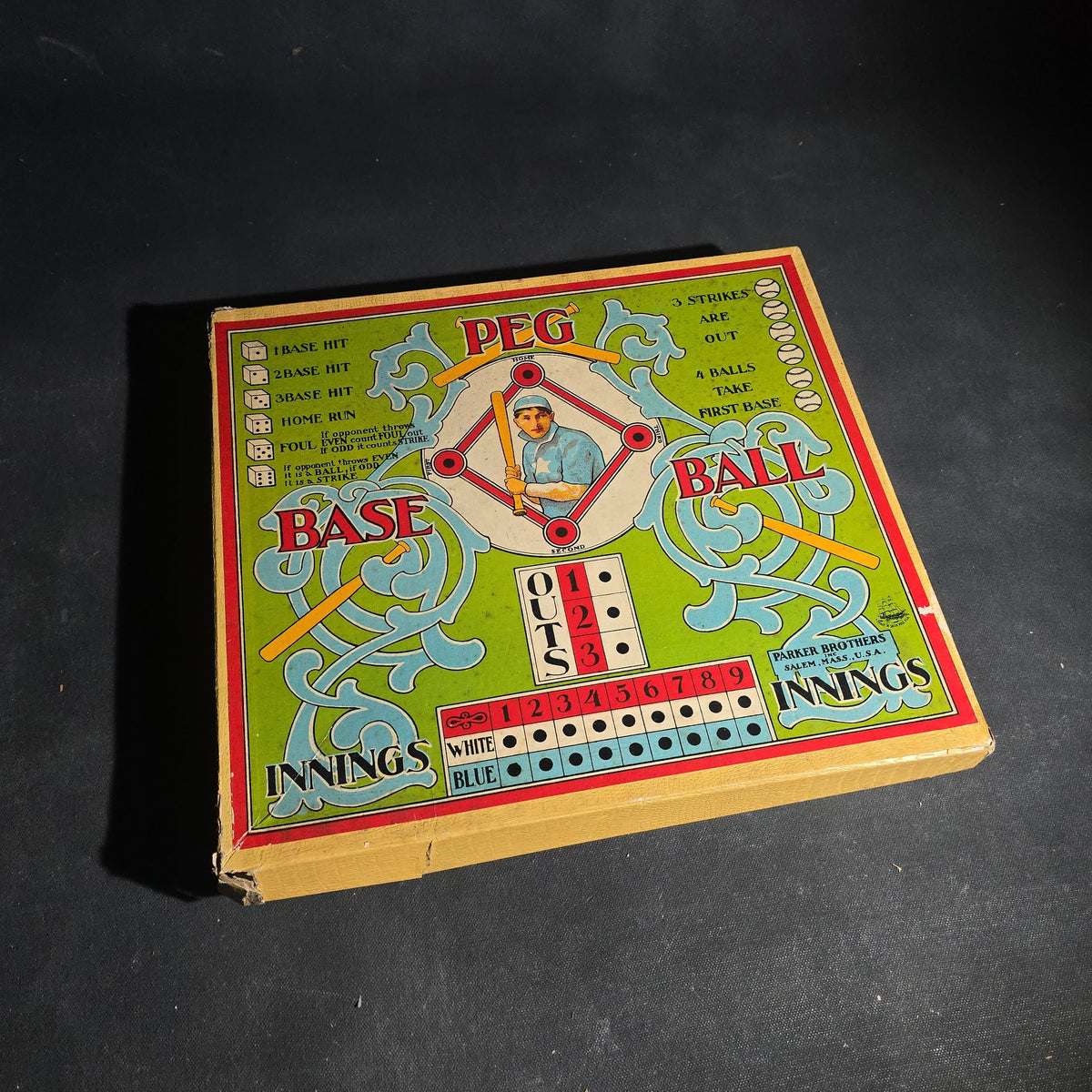 Antique "Peg Base Ball" Board Game, Manufactured by Parker Brothers Inc., Salem, Massachusetts