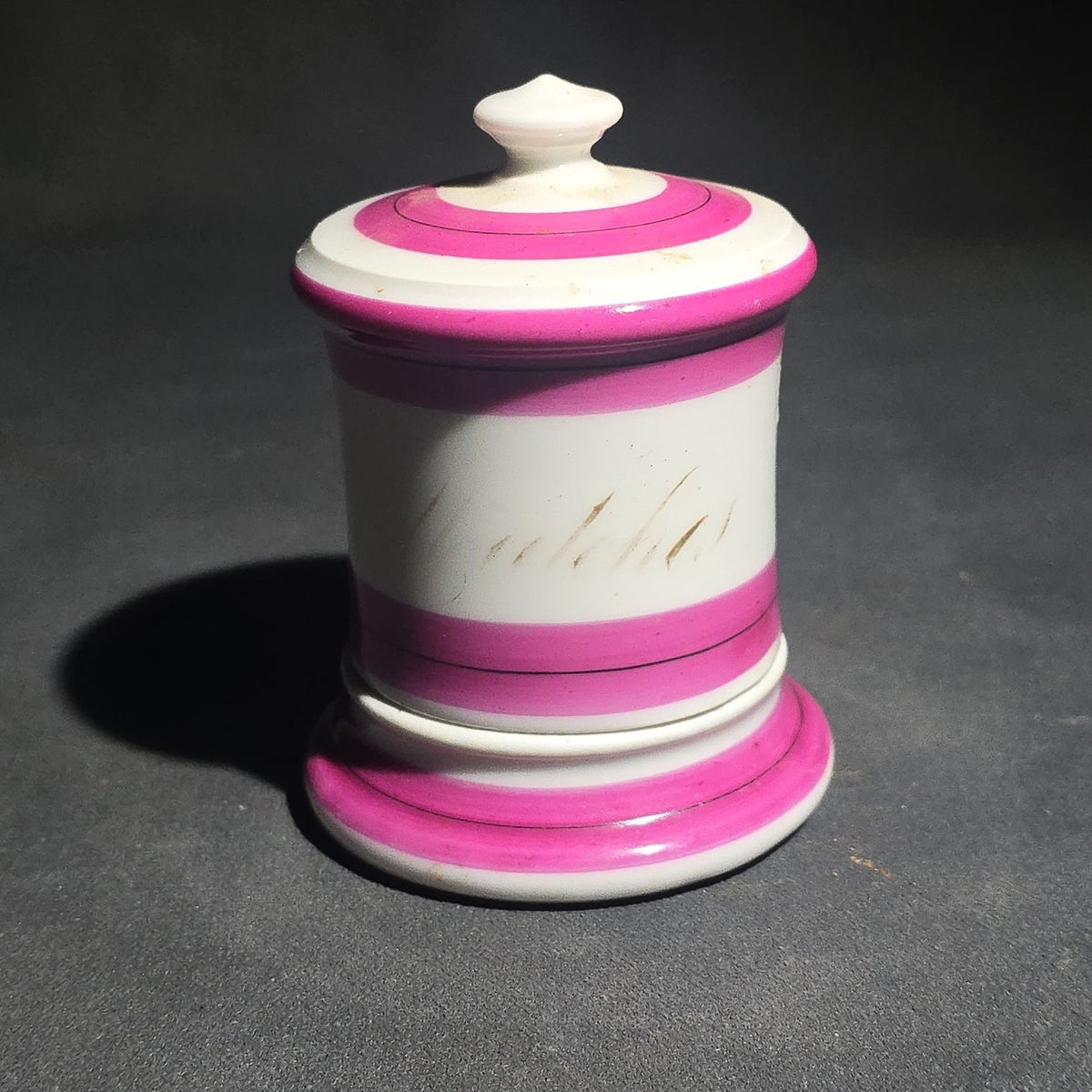 Antique Porcelain Covered Match Safe with Integrated Match Strike and Lid, Pink Banded Decoration with Gold "Matches" Lettering