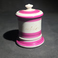 Lot 119 - Antique Porcelain Covered Match Safe with Integrated Match Strike and Lid, Pink Banded Decoration with Gold "Matches" Lettering, 4-1/4" H