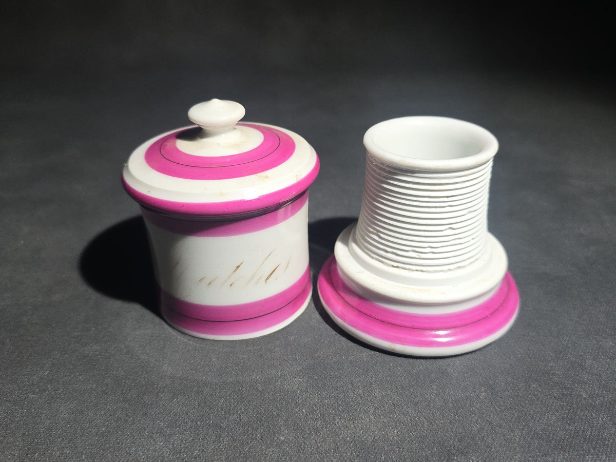 Antique Porcelain Covered Match Safe with Integrated Match Strike and Lid, Pink Banded Decoration with Gold "Matches" Lettering