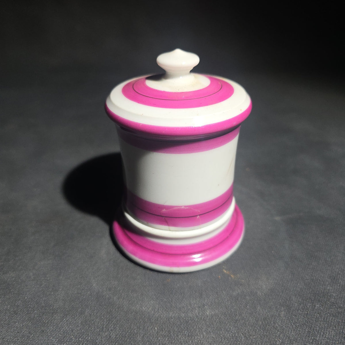 Antique Porcelain Covered Match Safe with Integrated Match Strike and Lid, Pink Banded Decoration with Gold "Matches" Lettering