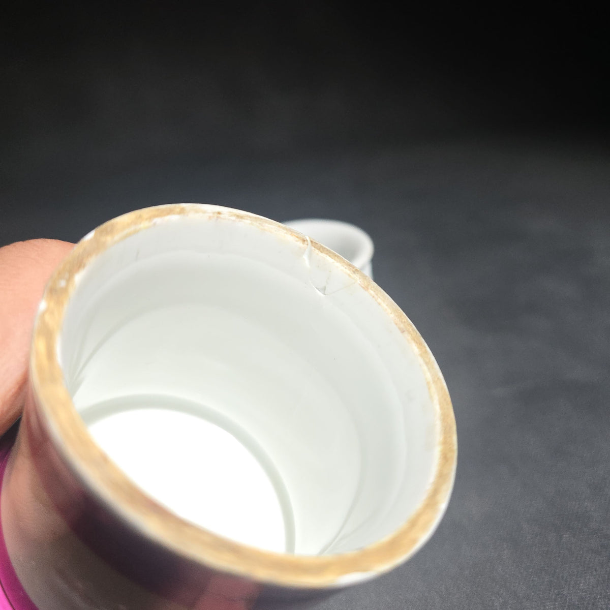 Antique Porcelain Covered Match Safe with Integrated Match Strike and Lid, Pink Banded Decoration with Gold "Matches" Lettering