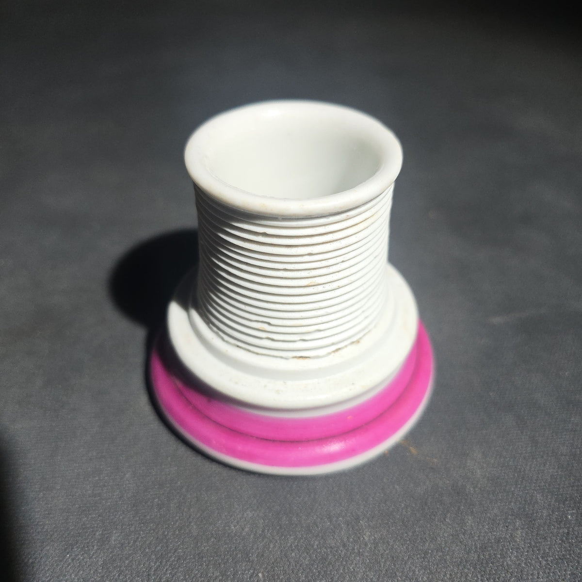 Antique Porcelain Covered Match Safe with Integrated Match Strike and Lid, Pink Banded Decoration with Gold "Matches" Lettering