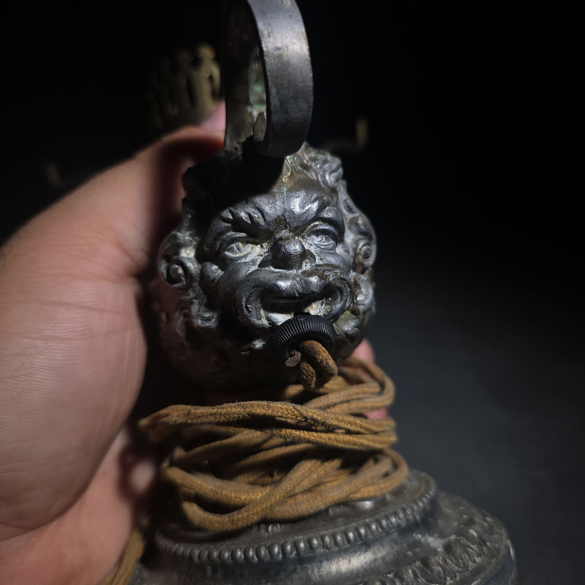 Antique Cast Metal Aladdin Lamp Form Electric Table Lamp with Grotesque Face and Scrollwork on Weighted Base