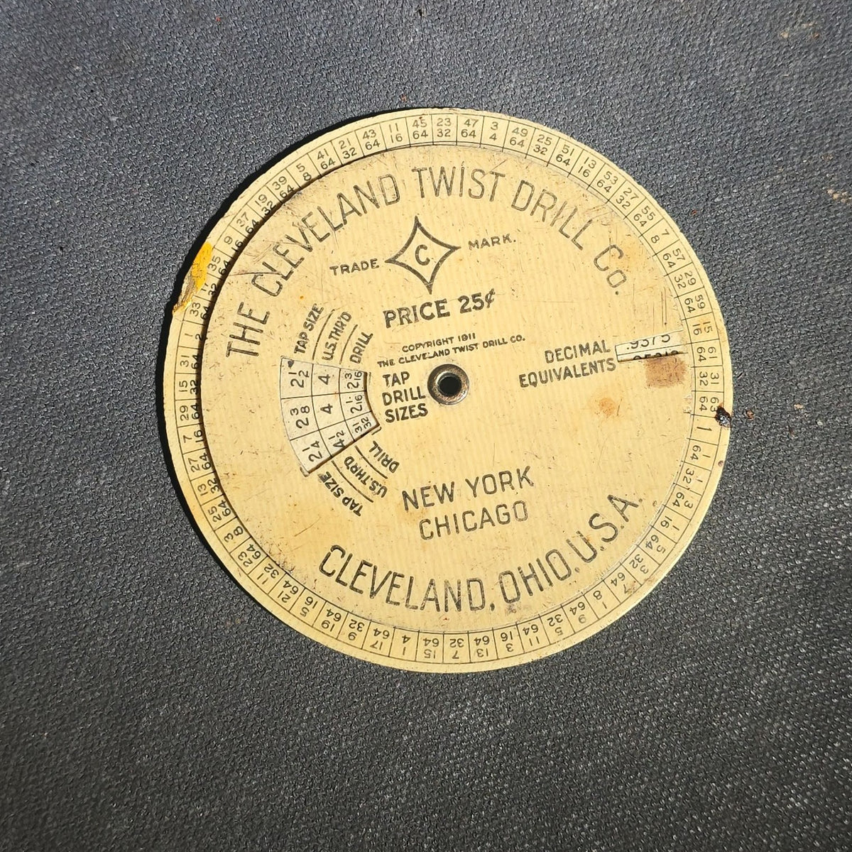 Antique Celluloid Advertising Tap Drill Size and Drill Speed Calculator, The Cleveland Twist Drill Co., Cleveland, Ohio, U.S.A., Copyright 1911