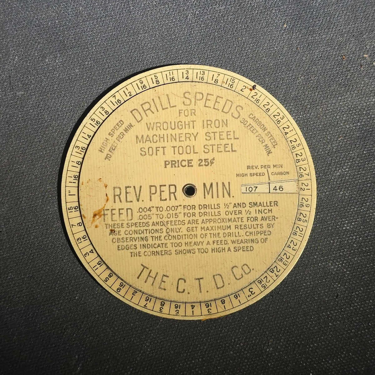 Antique Celluloid Advertising Tap Drill Size and Drill Speed Calculator, The Cleveland Twist Drill Co., Cleveland, Ohio, U.S.A., Copyright 1911