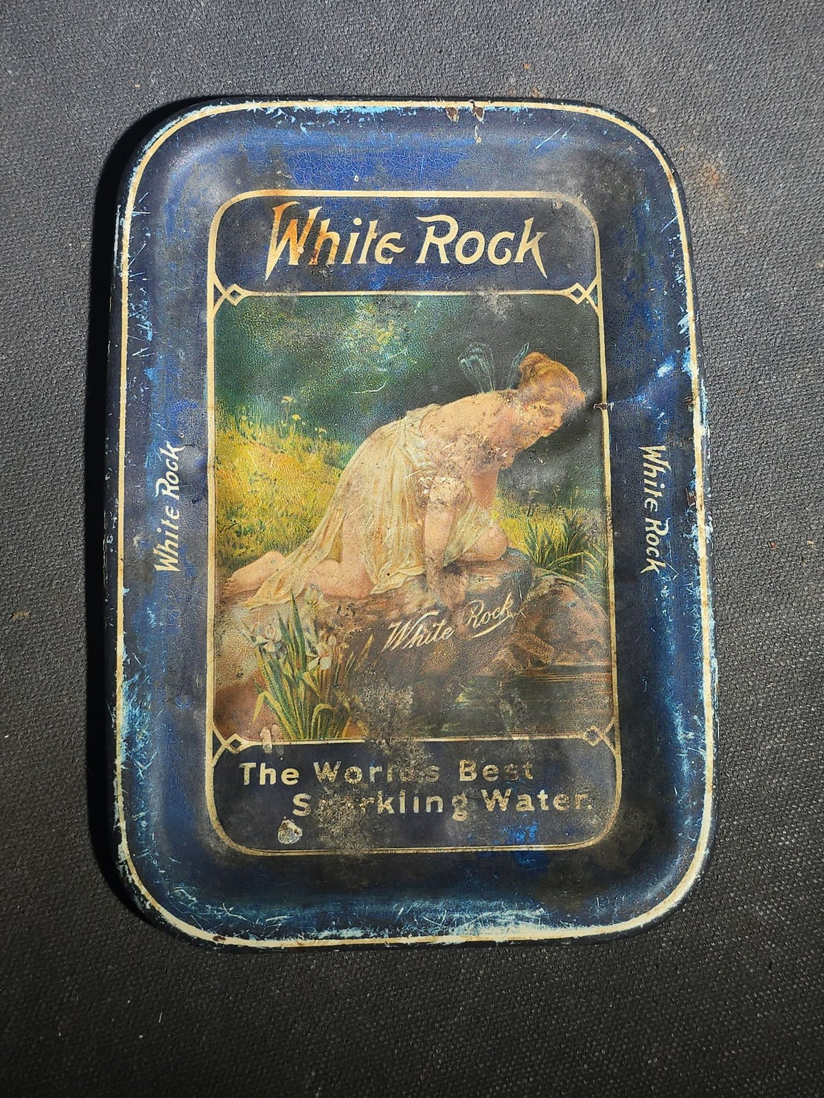 Antique White Rock Sparkling Water Tin Lithograph Advertising Tip Tray with Psyche at Nature's Mirror After Paul Thumann