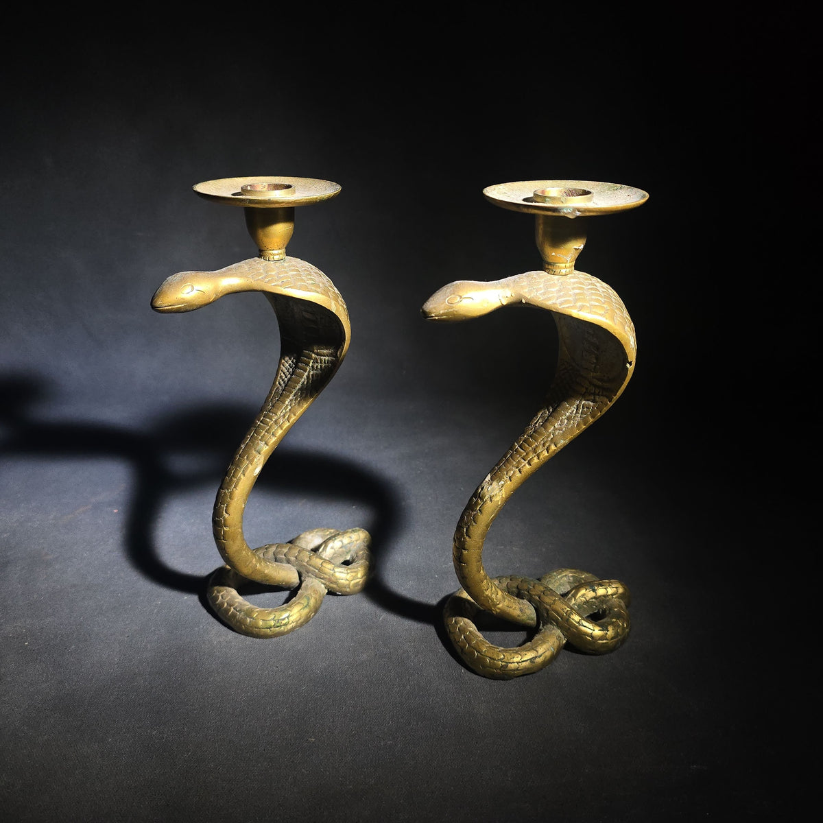 Pair of Vintage Cast Brass Figural Cobra Snake Candlesticks with Coiled Tail Bases and Bobeche Drip Pans