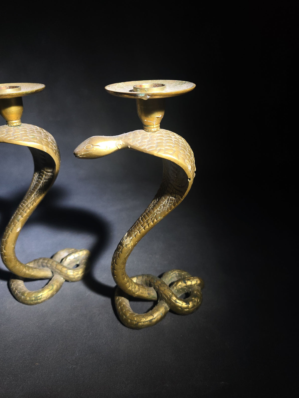 Pair of Vintage Cast Brass Figural Cobra Snake Candlesticks with Coiled Tail Bases and Bobeche Drip Pans
