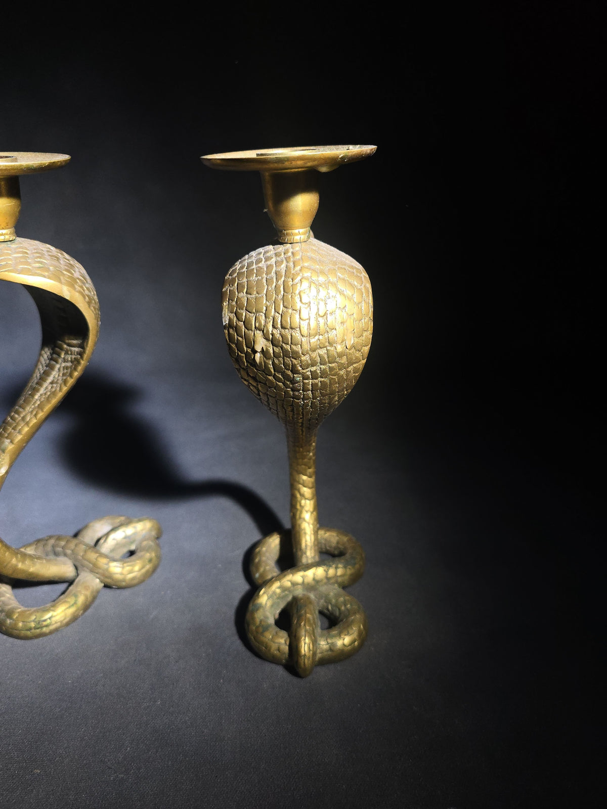 Pair of Vintage Cast Brass Figural Cobra Snake Candlesticks with Coiled Tail Bases and Bobeche Drip Pans