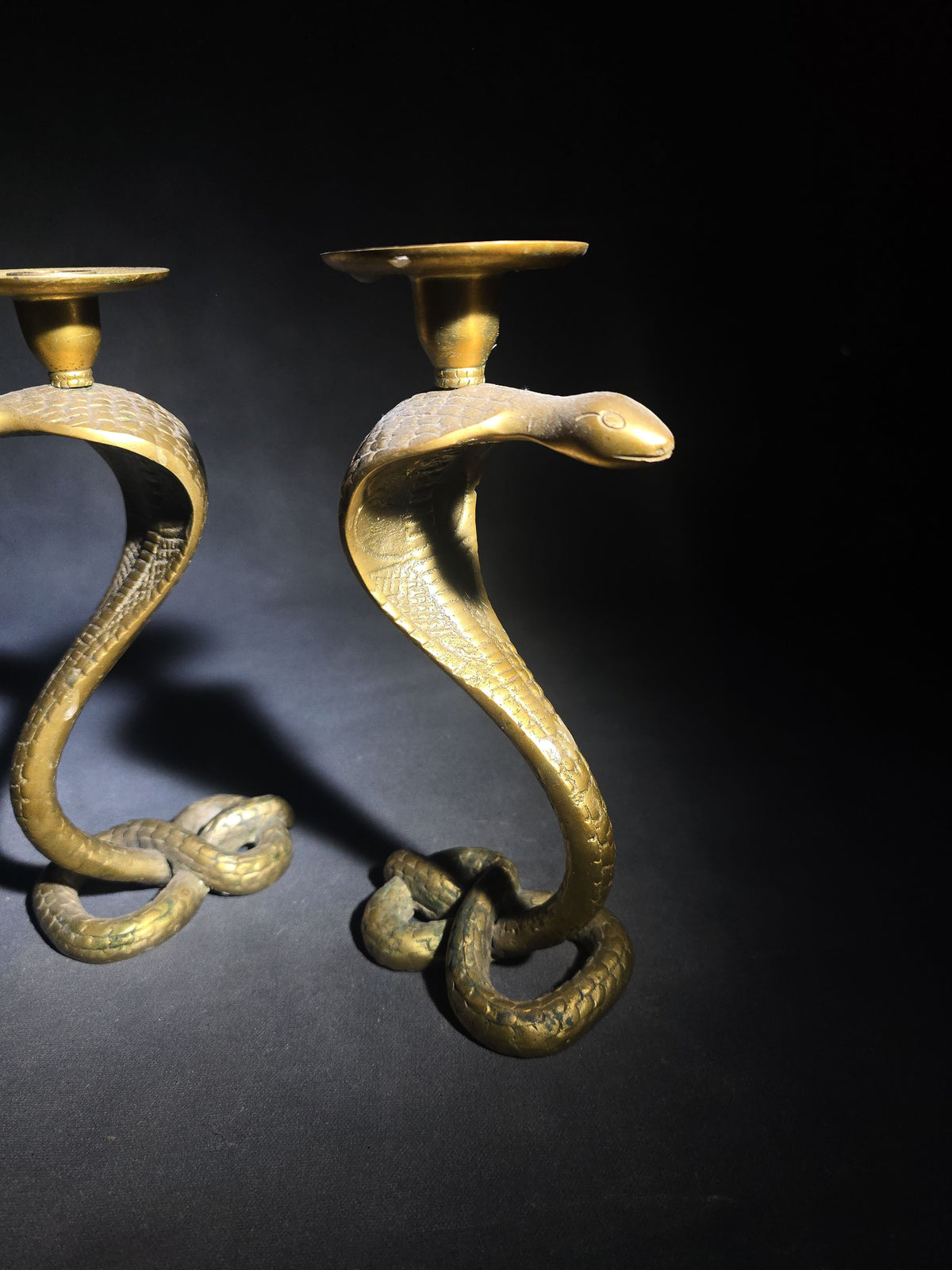 Pair of Vintage Cast Brass Figural Cobra Snake Candlesticks with Coiled Tail Bases and Bobeche Drip Pans