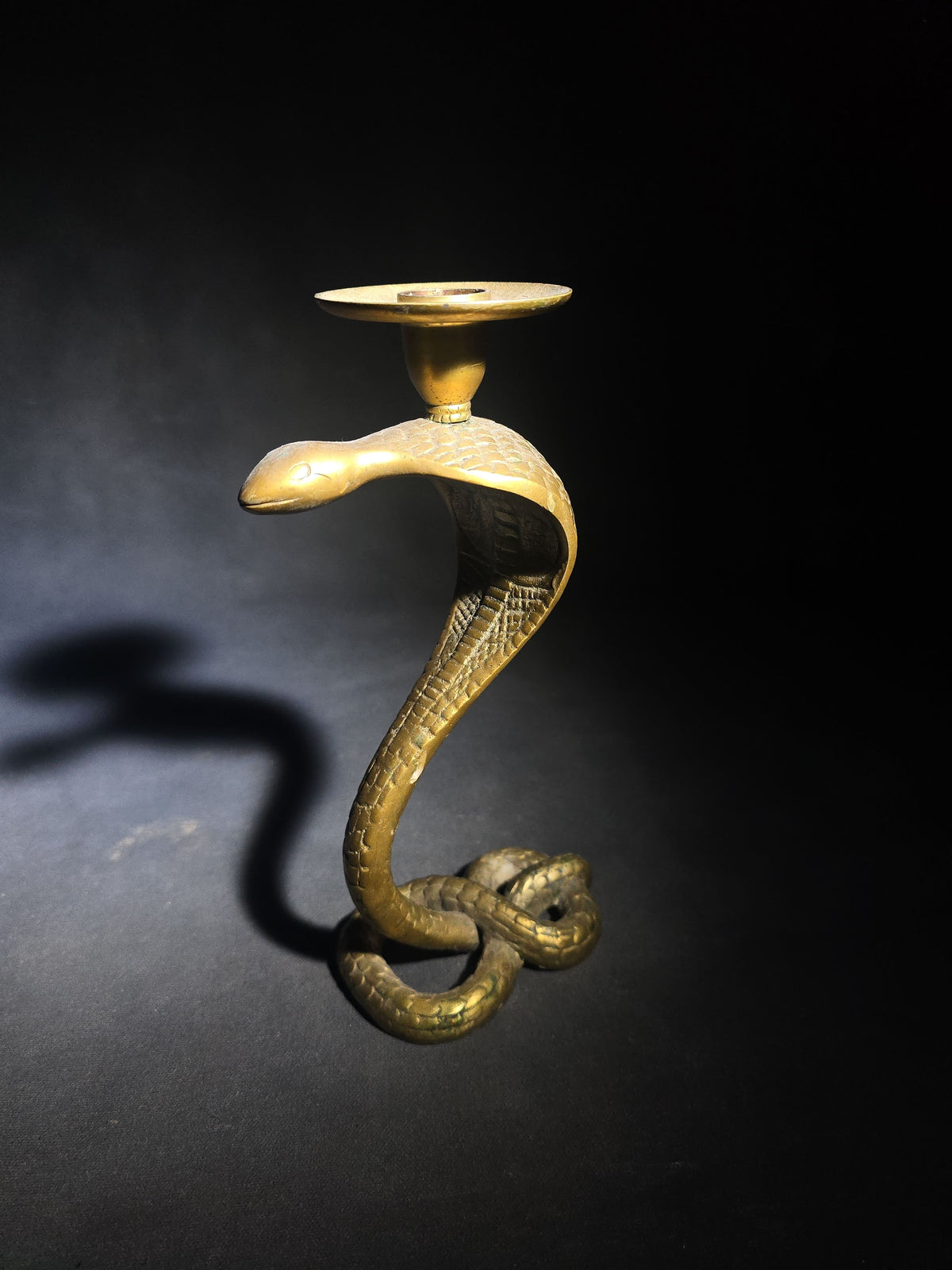 Pair of Vintage Cast Brass Figural Cobra Snake Candlesticks with Coiled Tail Bases and Bobeche Drip Pans