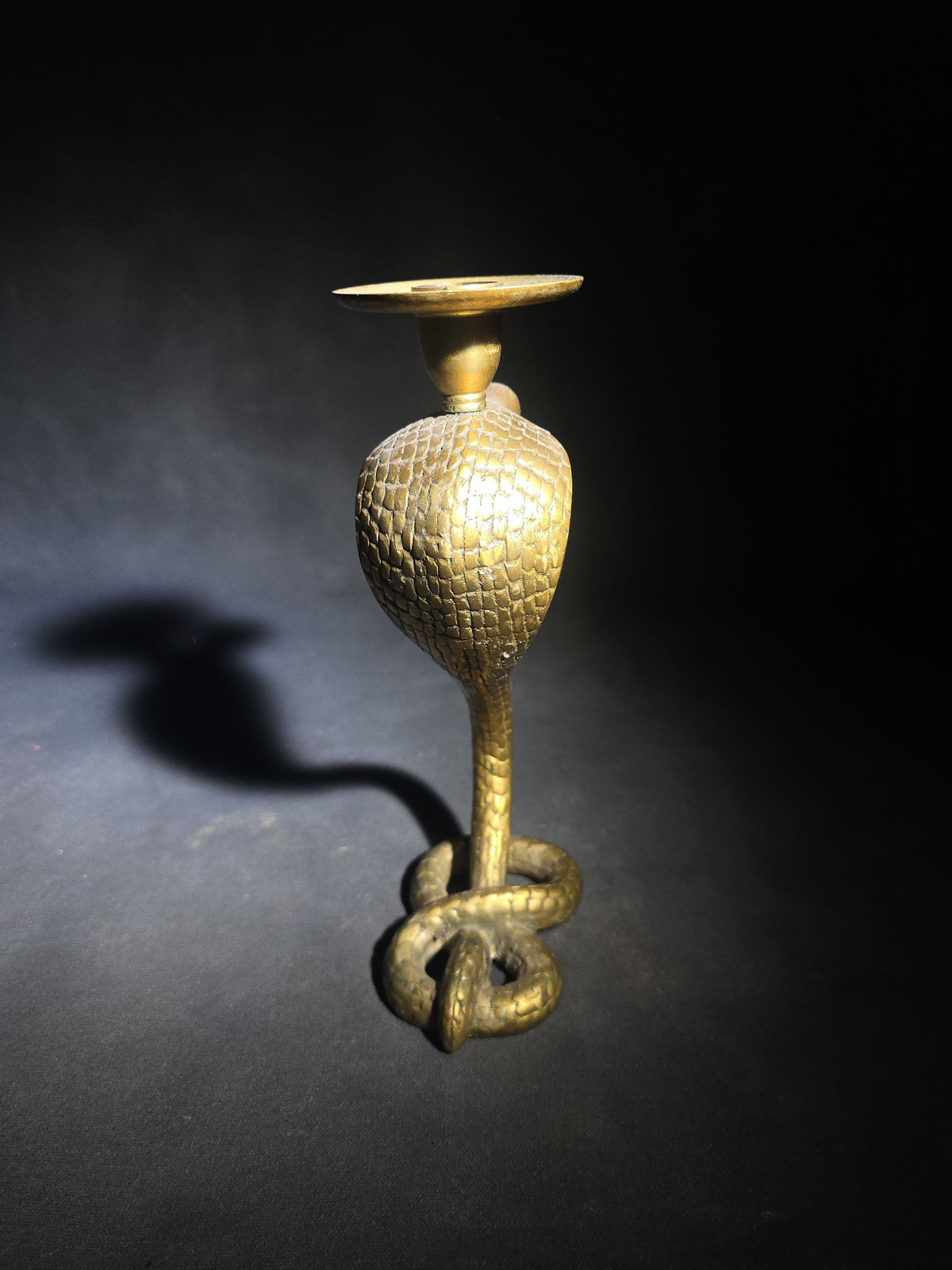 Pair of Vintage Cast Brass Figural Cobra Snake Candlesticks with Coiled Tail Bases and Bobeche Drip Pans
