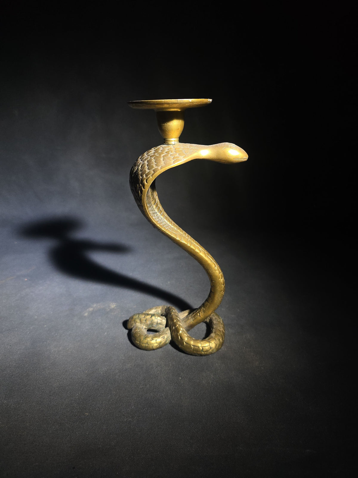 Pair of Vintage Cast Brass Figural Cobra Snake Candlesticks with Coiled Tail Bases and Bobeche Drip Pans