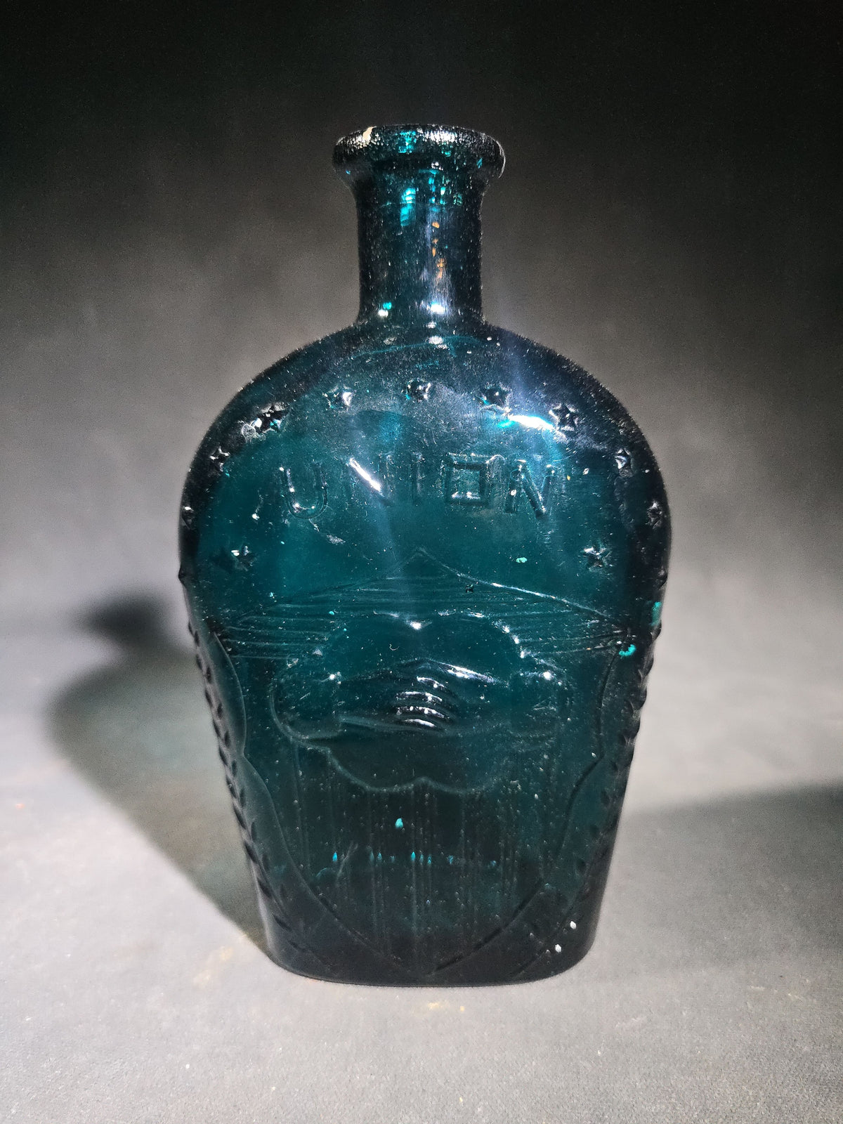 Vintage Teal Green Glass "Union" Clasped Hands and Shield Reproduction Historical Flask with Stars