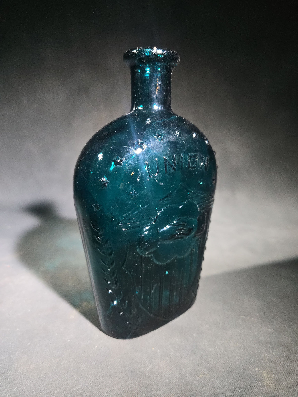Vintage Teal Green Glass "Union" Clasped Hands and Shield Reproduction Historical Flask with Stars
