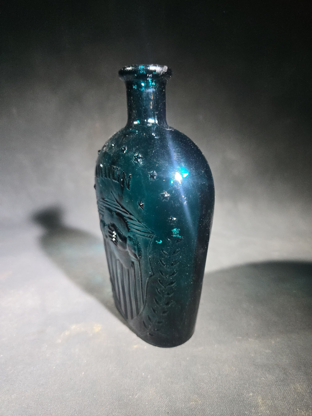 Vintage Teal Green Glass "Union" Clasped Hands and Shield Reproduction Historical Flask with Stars