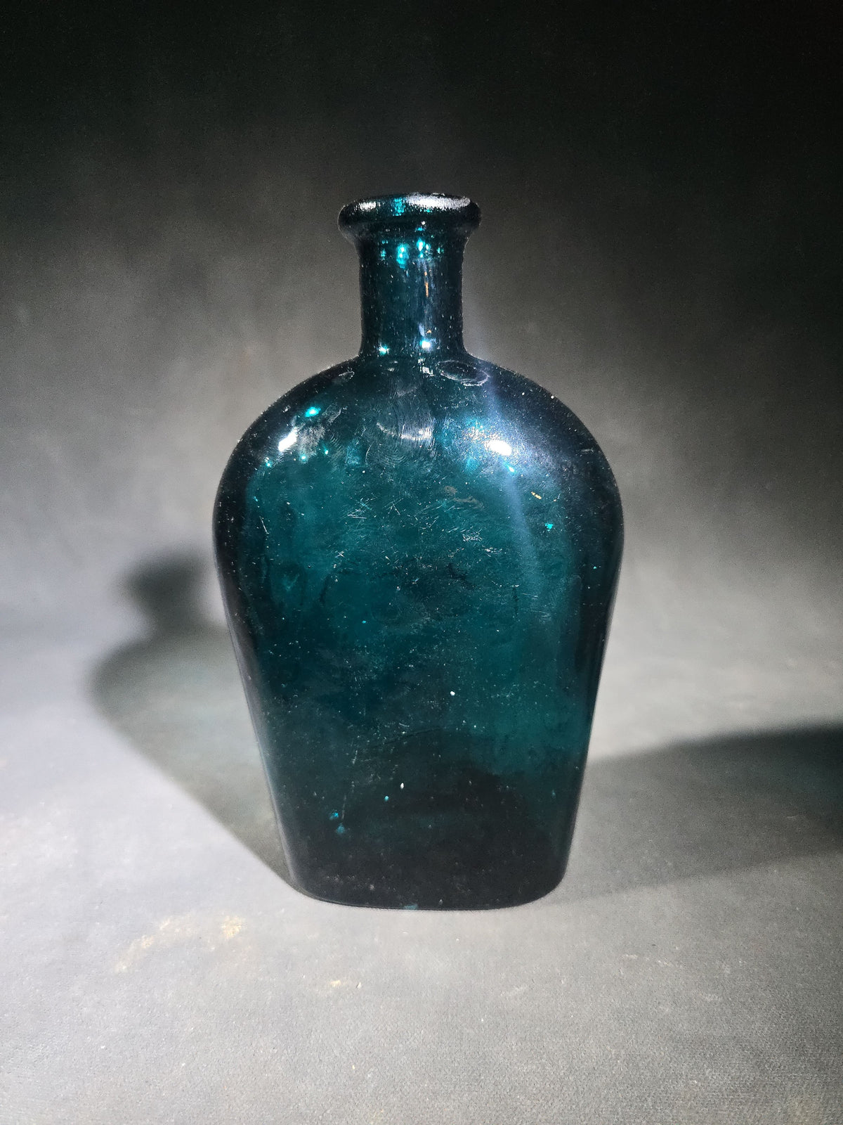 Vintage Teal Green Glass "Union" Clasped Hands and Shield Reproduction Historical Flask with Stars