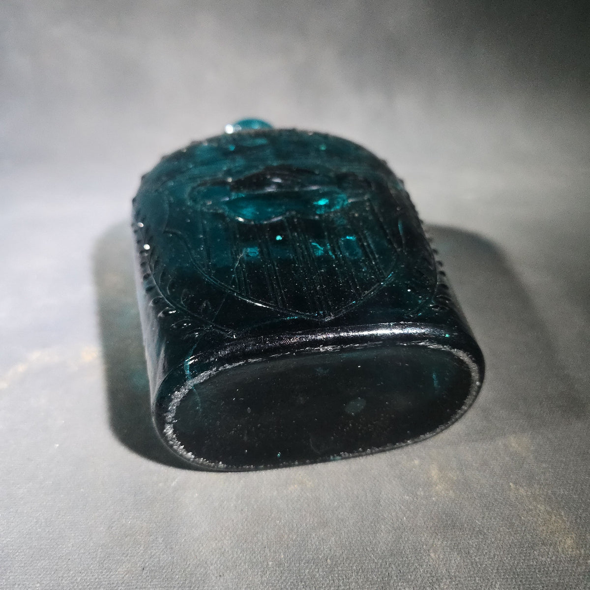 Vintage Teal Green Glass "Union" Clasped Hands and Shield Reproduction Historical Flask with Stars