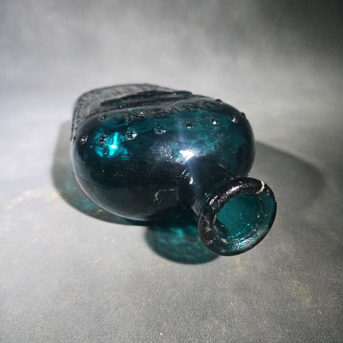 Vintage Teal Green Glass "Union" Clasped Hands and Shield Reproduction Historical Flask with Stars