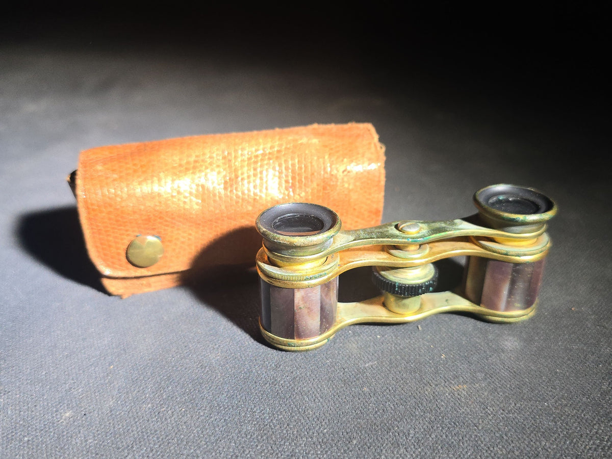 Antique Purple Mother-of-Pearl Opera Glasses with Leather Case, G. E. Pryor Opticien, 1 Bis Rue Auber, Paris