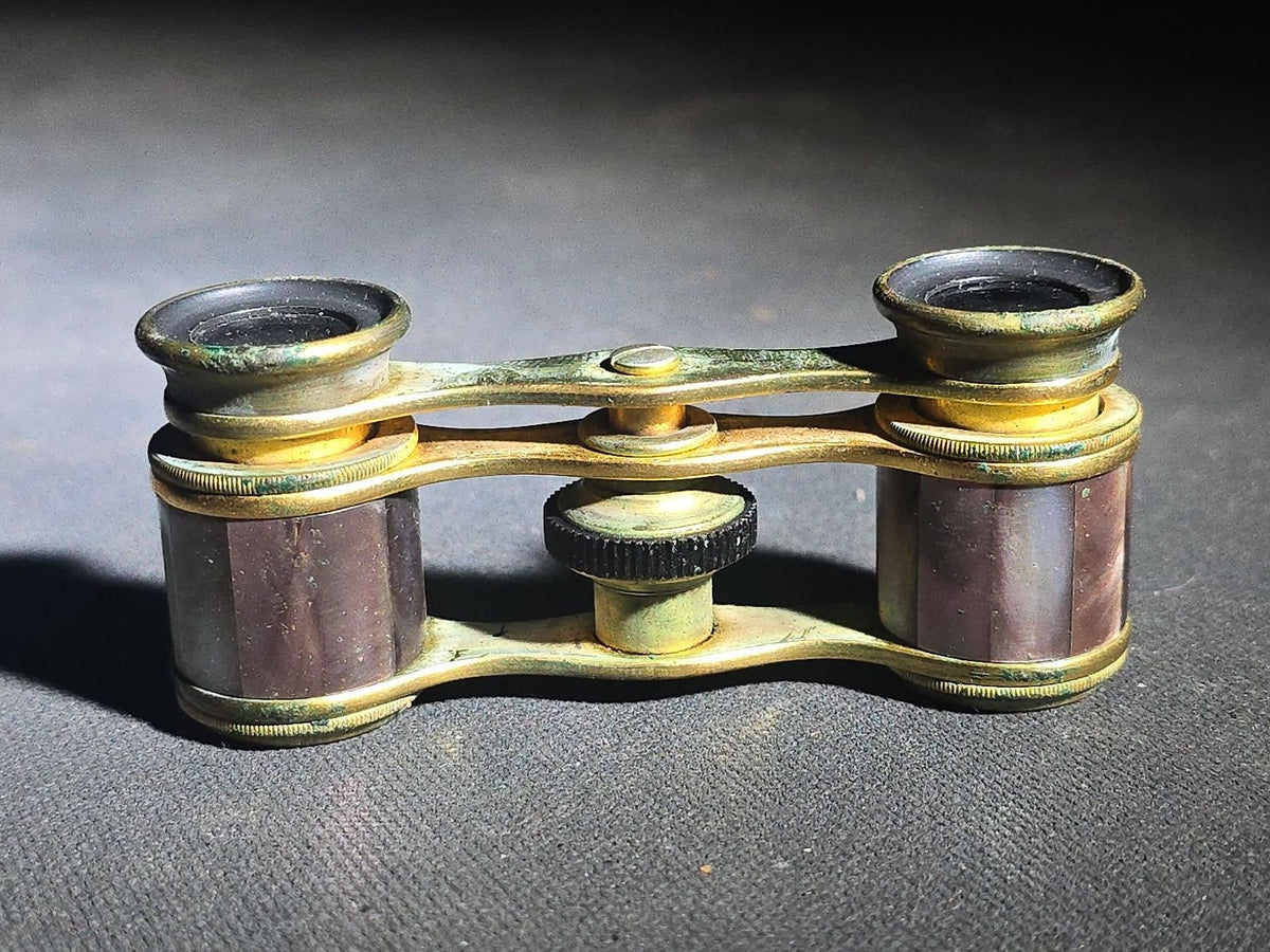 Antique Purple Mother-of-Pearl Opera Glasses with Leather Case, G. E. Pryor Opticien, 1 Bis Rue Auber, Paris
