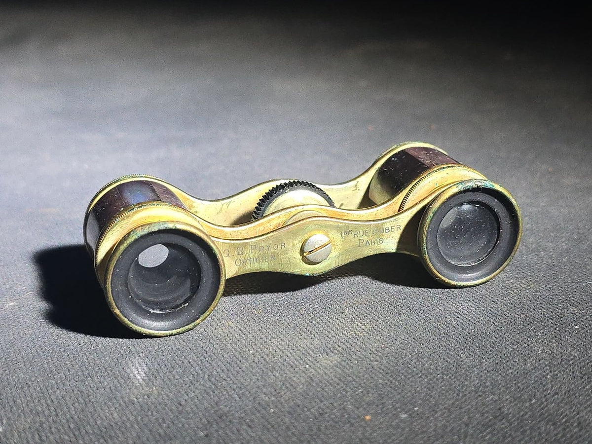 Antique Purple Mother-of-Pearl Opera Glasses with Leather Case, G. E. Pryor Opticien, 1 Bis Rue Auber, Paris