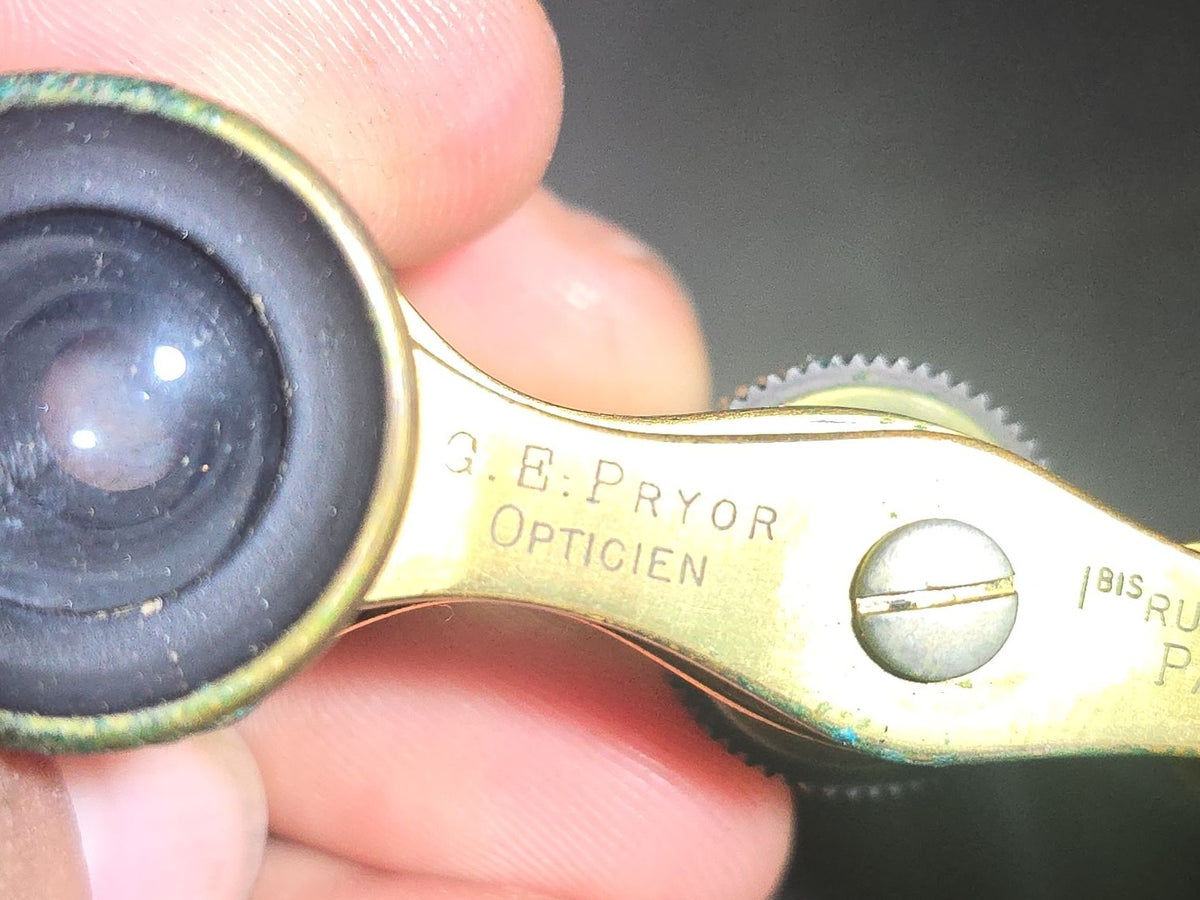 Antique Purple Mother-of-Pearl Opera Glasses with Leather Case, G. E. Pryor Opticien, 1 Bis Rue Auber, Paris