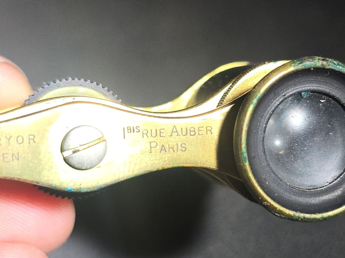 Antique Purple Mother-of-Pearl Opera Glasses with Leather Case, G. E. Pryor Opticien, 1 Bis Rue Auber, Paris