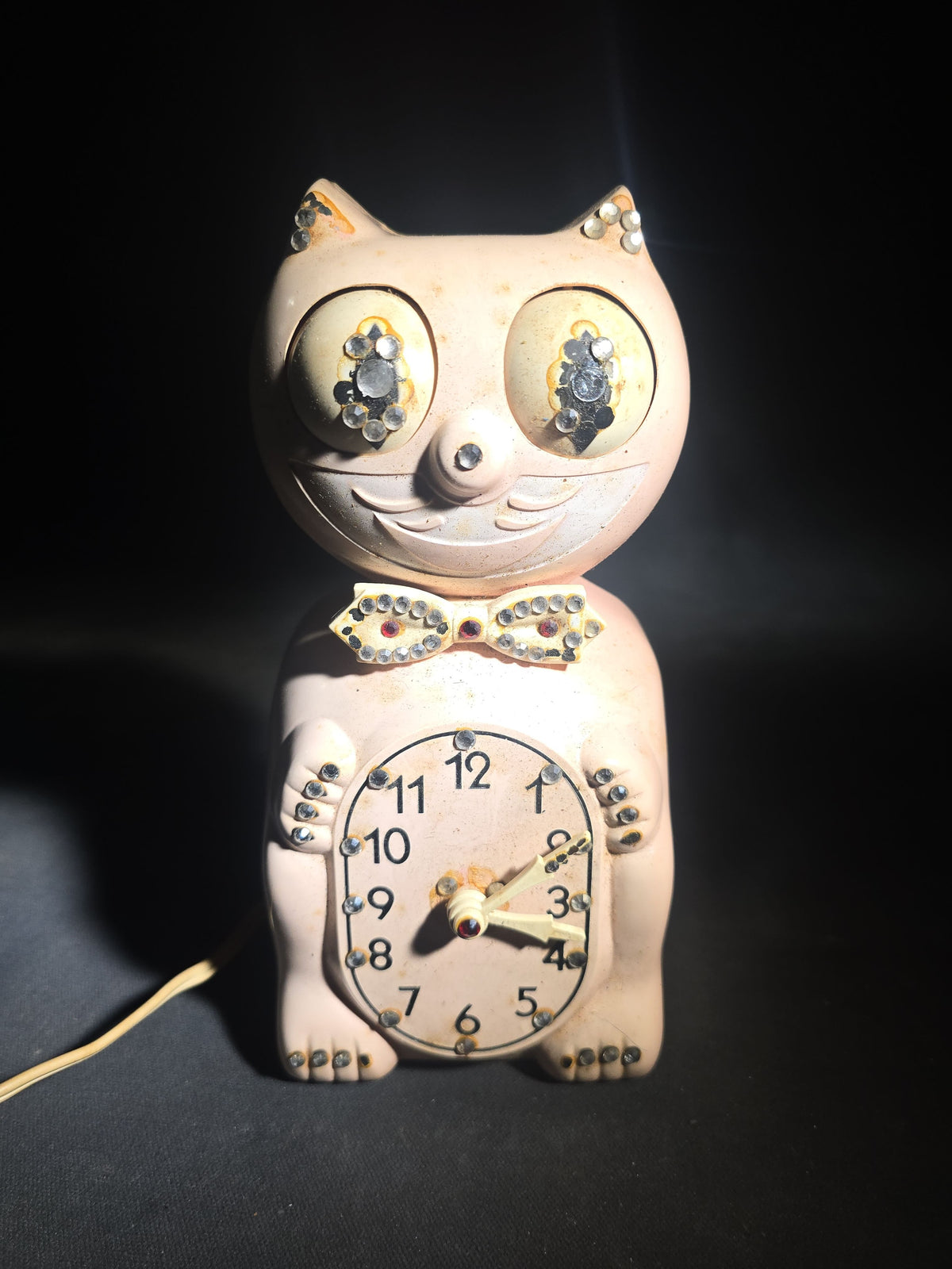 Vintage Pink Kit Cat Klock Model D8 Electric Wall Clock with Rhinestone Accents, Manufactured by California Clock Co., San Juan Capistrano, California